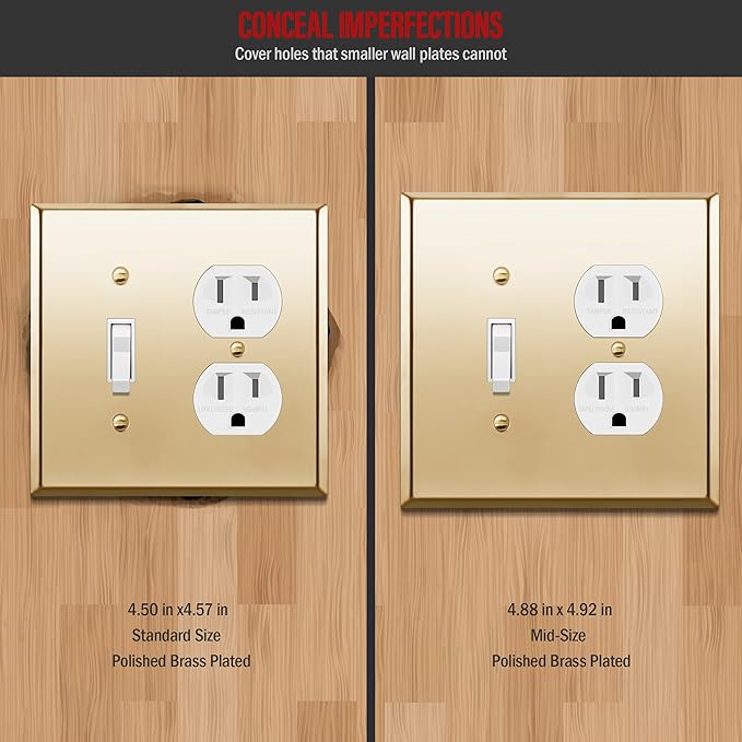 ENERLITES Combination Toggle Switch and Duplex Receptacle Metal Wall Plate, Outlet Cover, Corrosion-Resistant, Mid-Size 2-Gang 4.88" x 4.92", Stainless Steel 201, 771121M-PB, Polished Brass