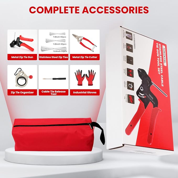 Stainless Steel Cable Tie Gun Set – Heavy Duty Metal Zip Tie Tool Kit with 150PCS Self-Locking Ties, Adjustable Fastening & Cutting Tool for Outdoor Fencing, Exhaust Pipes(Red)