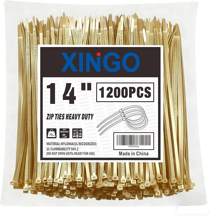 XINGO 14 Inch Gold Zip Ties 1200 PCS, 75 LBS Tensile Strength, UV Resistant Cable Ties, Self-locking Plastic Ties for Indoor and Outdoor Use