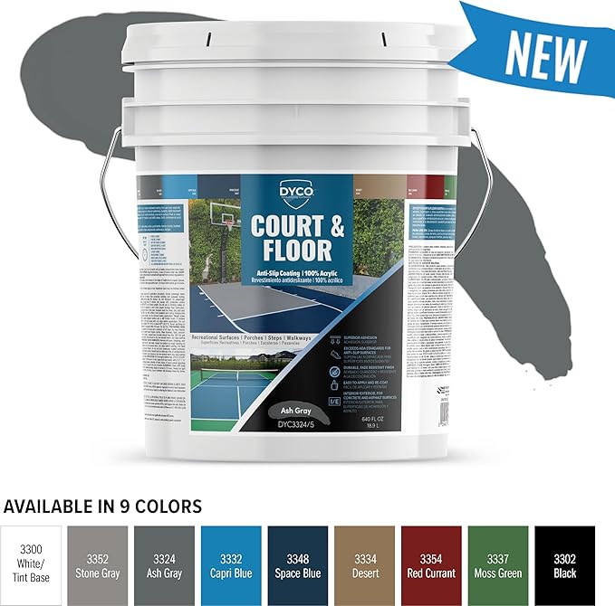DYCO Court & Floor Anti-Slip Coating - Slip-Resistant Pavement, Cement & Concrete Paint for Pickleball, Tennis & Basketball Courts, Exceeds ADA Standards for Safety Areas (Ash Gray, 5 Gallons)