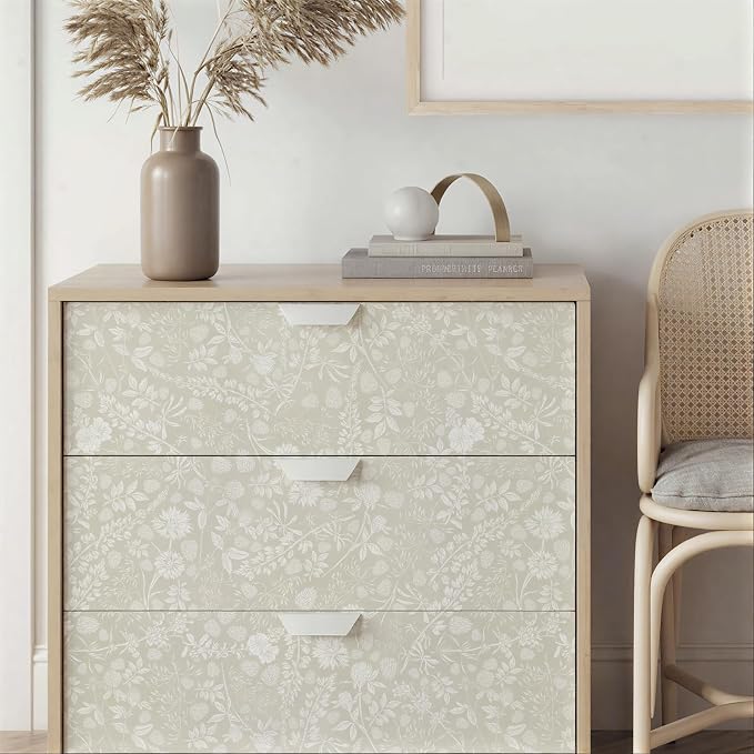 Beige and Cream White Peel and Stick Wallpaper Floral Wallpaper Slef Adhesive Removable Waterproof Contact Paper Boho Wall Paper for Dining Room Bedroom Living Room Bathroom Kitchen 17.3''x78.7''