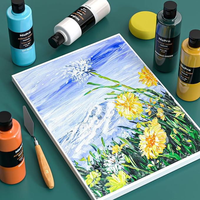 Nicpro 18 Colors Large Acrylic Paint Set, 8.45oz/250 ml Artist Painting Supplies Bulk Non-Toxic For Multi Surface Canvas Wood Fabric Leather Cardboard Paper Crafts Rock Window Hobby with Color Wheel