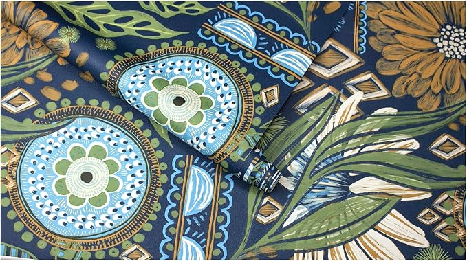 HAOKHOME Peel and Stick Wallpaper Boho Retro Floral Wall Paper Navy Blue Mustard for Bathroom Kitchen Accent Wall 17.3in x 32.8ft