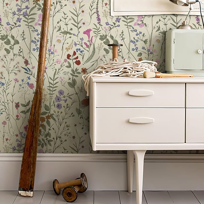 Wallpaper Self-Adhesive Blooming Vintage Colourful Flowers Wall Paper for Bedroom Living Room Cabinet, Peel and Stick Beige Sketch Little Flowers Wallpaper Mural 25.8 sq. feet (59" x 17.3")