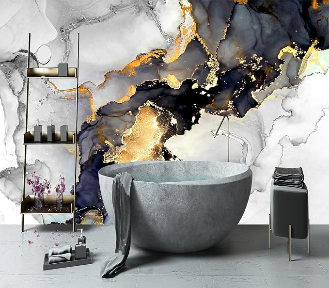 YIHWM-Peel and Stick Grey Marble Wallpaper Gold Geometric Abstraction Mural | Tear-resistant,with a substantial feel;Will not be damaged during repositioning.Bathroom,Bedroom wallpaper.L-137"x96"