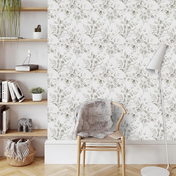 Naphite Gray Floral Peel and Stick Wallpaper Boho Farmhouse 197in17.3in | Watercolor Eucalyptus Leaf, Thicken,Self Adhesive Wallpaper for Renter Bedroom Bathroom, Removable,Contact Paper for Cabinets