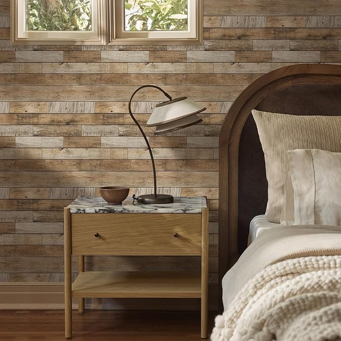 COMSTICKC Peel and Stick Faux Wood Wall Sticker Wall Panels, 10 Pcs of 12" x 12", Not Real Wood, Ultra-Light Thin PVC 3D Fake Wood Shiplap Self-Adhesive Wall Covering Wallpaper Interior Decor