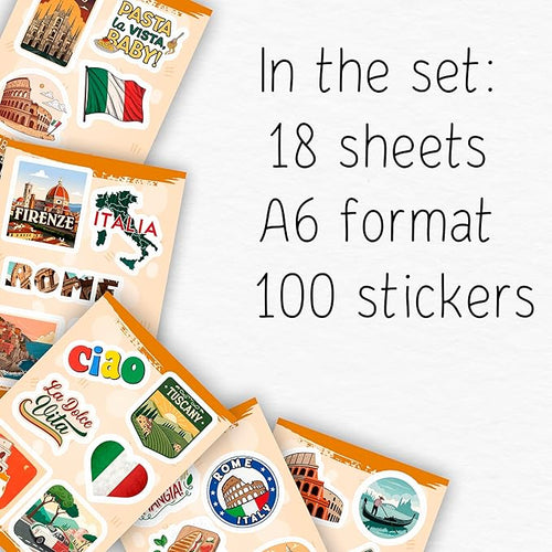 100Pcs Italy Stickers for Scrapbooking, for Luggage, for Water Bottle - Italian Stickers and Decals - Italy Party F avors - Gift for Women & Men