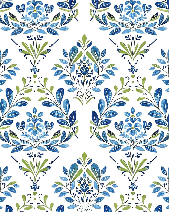 BOKEBEVE Boho Floral Peel and Stick Wallpaper Blue White 17.5 x 118In | Leaf Contact Paper Modern Symmetry Wall Paper for Bedroom Accent Walls Laundry Nursery Pantry Renter Friendly Removable