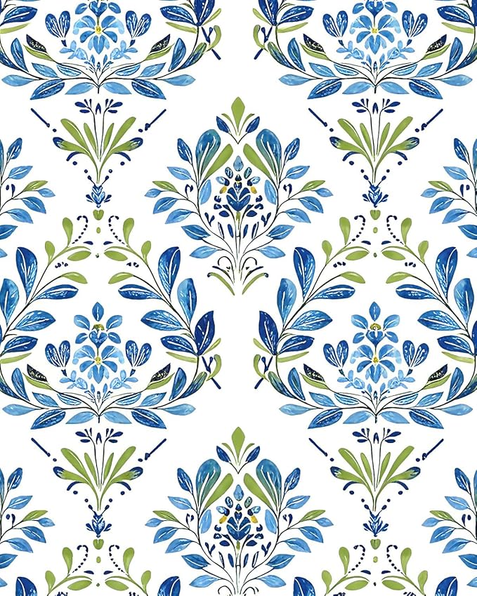 BOKEBEVE Boho Floral Peel and Stick Wallpaper Blue White 17.5 x 393.5In | Extra Long Leaf Contact Paper Modern Wall Paper for Bedroom Accent Walls Laundry Nursery Pantry Renter Friendly Removable
