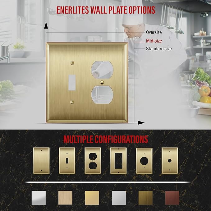 ENERLITES Combination Toggle Switch and Duplex Receptacle Metal Wall Plate, Stainless Steel 201 Outlet Cover, Corrosion-Resistant, Mid-Size 2-Gang 4.88" x 4.92", 771121M-BB, Brushed Brass