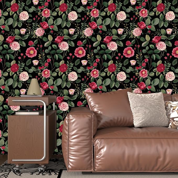 Vintage Pink Floral Peel and Stick Wallpaper 17.5" × 118" | Self Adhesive/Removable/Waterproof/Thick Vinyl Contact Paper for Bathroom Bedroom Shelf Cabinet Drawer,Prepasted,Easy Peel