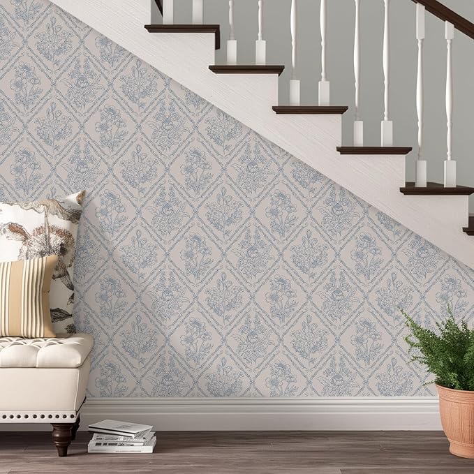 Toduso Peel and Stick Wallpaper Vintage Wall Paper Boho Contact Paper Blue Removable Wallpaper for Kitchen Bathroom Bedroom Floral Waterproof Self Adhesive Vinyl Drawer Decor 17.3"x393.7"