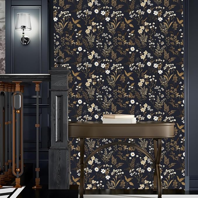 Floral Leaf Vintage Wallpaper Peel and Stick 17.5"x197", Dark Gold | Self Adhesive/Removable/Waterproof/Thick Vinyl Contact Paper for Bathroom Bedroom Shelf Cabinet Drawer,Prepasted,Easy Peel