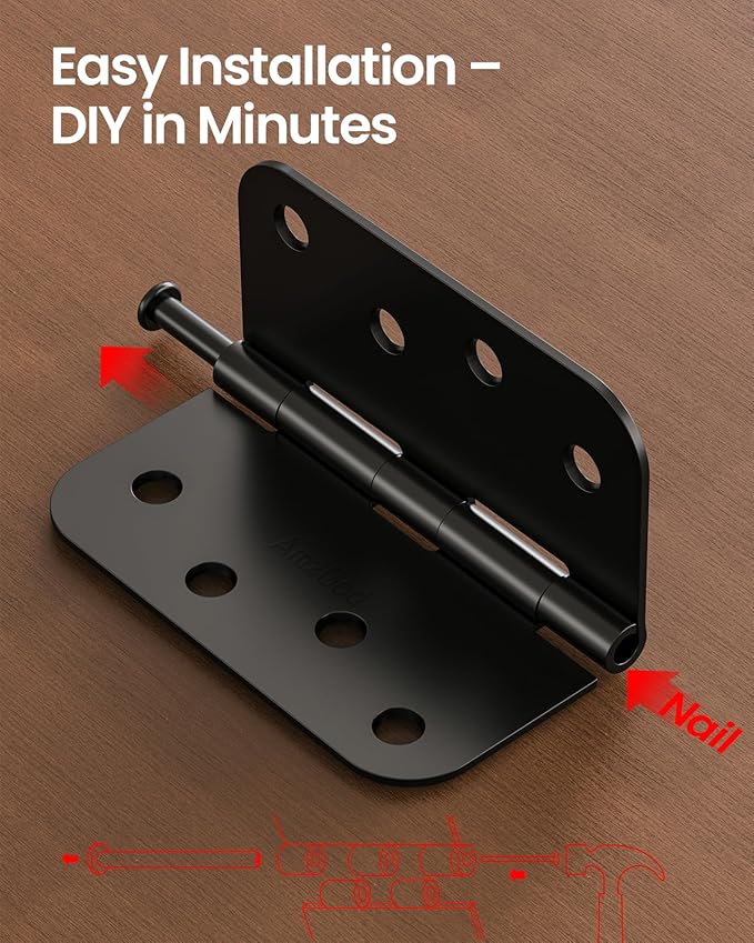 4 Inch Matte Black Door Hinges – 12 Pack Heavy Duty Black Door Hinges with 5/8" Radius, Interior and Exterior 4in x 4in Rounded Corners, Residential Door Hardware