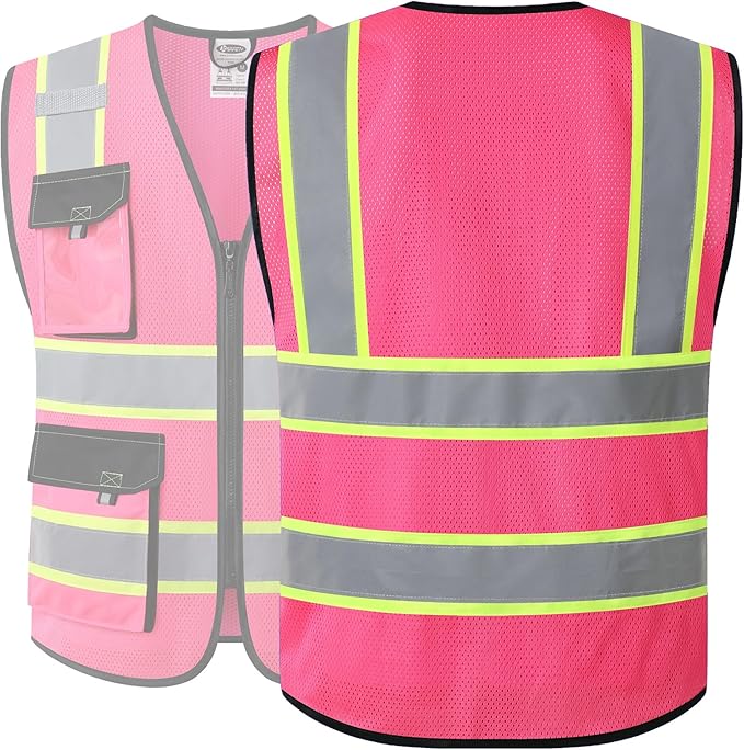 JKSafety Hi Vis Reflective Safety Vests for Men Women High Visibility Vest with Pockets Mesh Fabric Construction Safety Apparel Neon Vest for Work (220-Pink S)