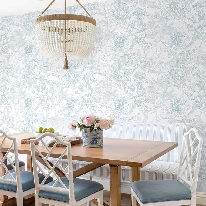 Ismoon Large Floral Peel and Stick Wallpaper Boho White and Blue Contact Paper 17.3inx6.5ft Modern Wall Paper Removable Self Adhesive Vinyl Wallpaper for Bedroom Cabinet Waterproof Mural Wall Decor