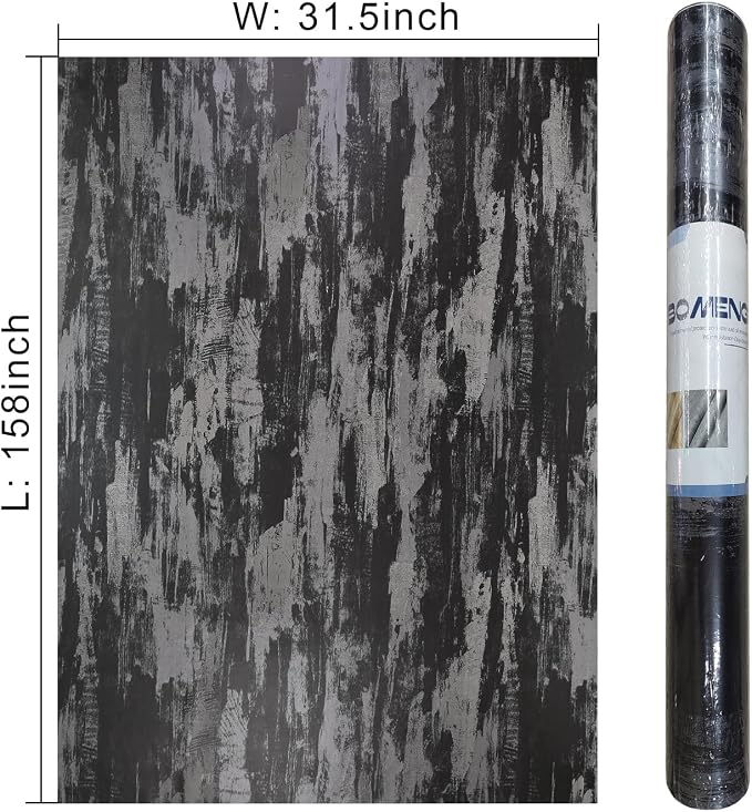 BOMENG Black Concrete Peel and Stick Industrial Wallpaper 31.5"x157.5" Cement Contact Paper with Air Guide Slot Design Glossy Industrial Wall Paper for Bathroom