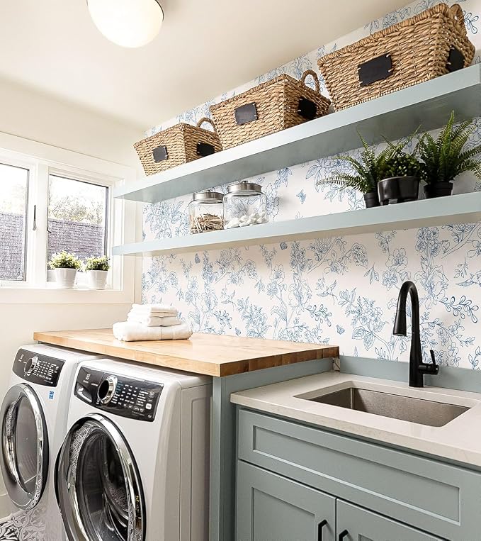 Froluya Cream White and Blue Floral Wallpaper Peel and Stick Wallpaper 17.7"x590.5" Vintage Floral Peel and Stick Wall Paper Removable Boho Self Adhesive Contact Paper for Bedroom Bathroom Vinyl