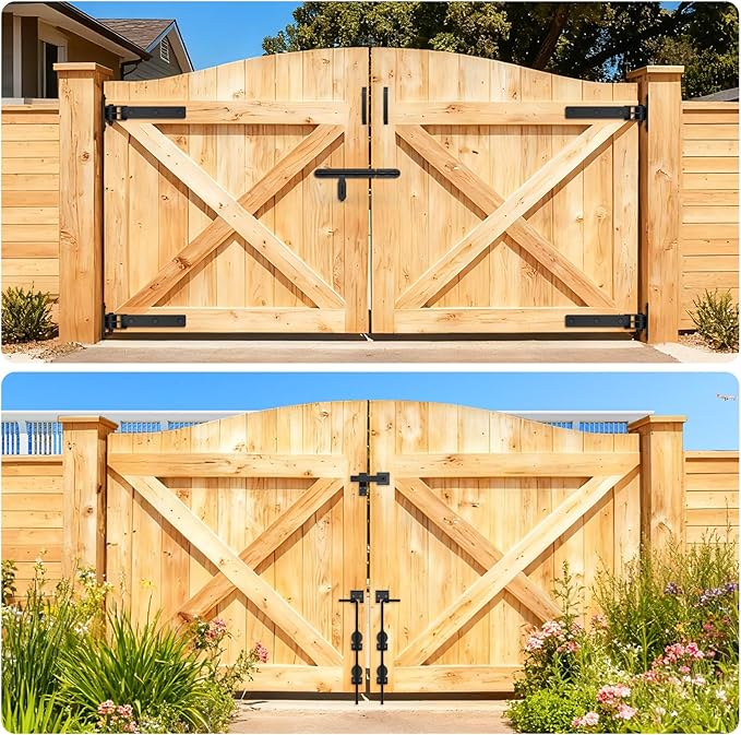 Heavy Duty Gate Hinges, 13" Bolt-On or Weld-On Hinges with Slide Bolt Gate Latch, Cane Bolts, Door Handles, 180° One-Way Open Gate Hinge for Double Wooden Door/Metal Gates,Garden Gates, Fence, Barn