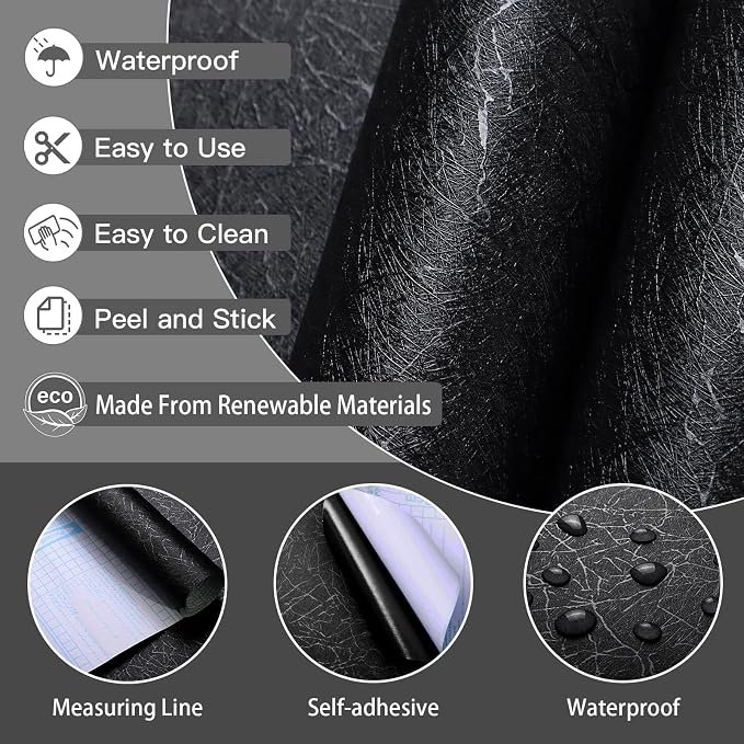 Safiyya 17.3 inch X 393 inch Peel and Stick Wallpaper Black Silk Textured Wallpaper Modern Solid Color Wall Paper Removable Contact Paper for Walls Vinyl Rolls