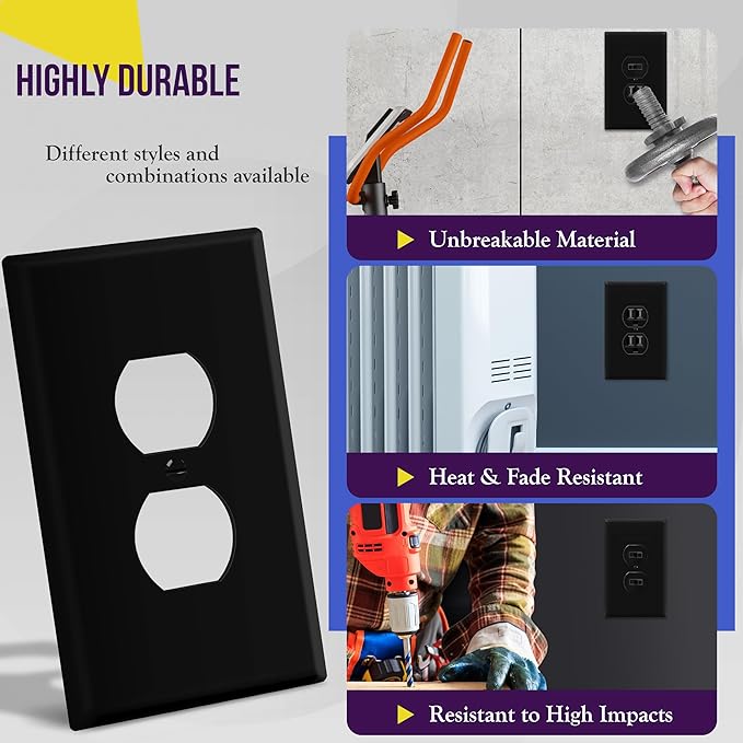 ENERLITES Duplex Receptacle Outlet Wall Plate, Jumbo Electrical Outlet Covers, Oversized 1-Gang 5.51" x 3.50", Polycarbonate Thermoplastic, 8821O-BK-10PCS, Glossy Finish, Black, 10 Pack