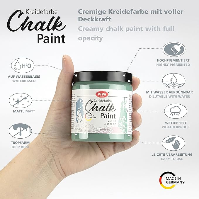 Viva Decor Chalk Paint (Green Memories) 8.45oz - Featuring a Chalky & Matte Finish, this paint is perfect for crafting Shabby Chic & Vintage looks on wood furniture and decor pieces
