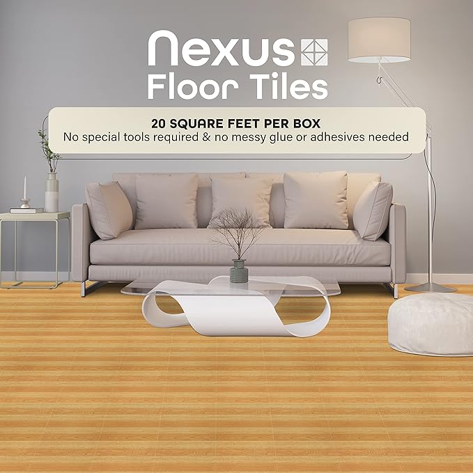 Nexus Self Adhesive 12-Inch Vinyl Floor Tiles, 20 Tiles - 12" x 12", Wood Light Oak Plank-Look Pattern - Peel & Stick, DIY Flooring for Kitchen, Dining Room, Bedrooms & Bathrooms by Achim Home Décor