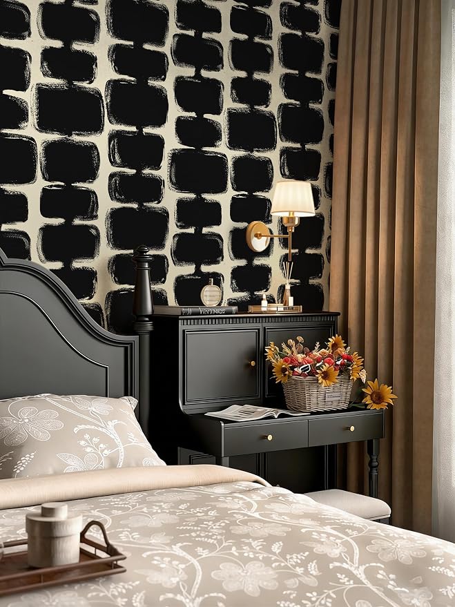 Safiyya 17.3"x393" Peel and Stick Wallpaper Black and Cream White Contact Paper Mid Century Modern Abstract Geometric Wall Paper Self Adhesive Removable Wallpaper for Bathroom and Bedroom Vinyl