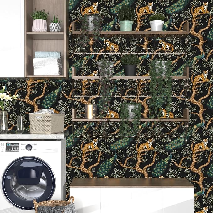 Black Vintage Peacock Tiger Peel and Stick Wallpaper 17.5" x 118" | Waterproof Vinyl Self Adhesive Removable Renter Friendly Floral Contact Paper