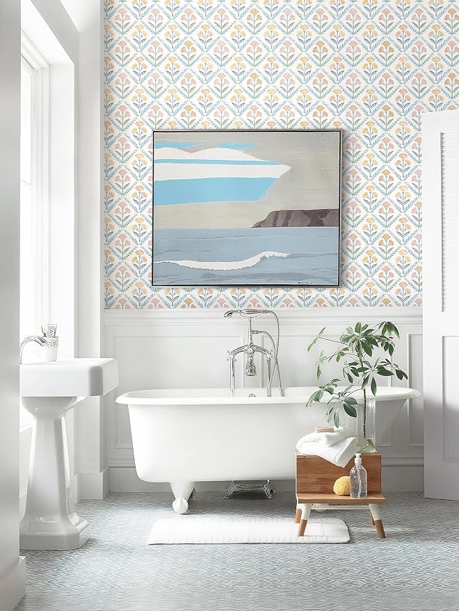 Dimoon 17.3''x393'' Peel and Stick Wallpaper Floral Boho Contact Paper Cute Vintage Village Wallpaper Farmhouse White Blue Renter Friendly Geometry Grid Waterproof Embossed Kitchen Bedroom Vinyl