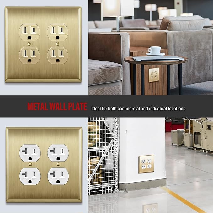 ENERLITES Dual Duplex Receptacle Metal Wall Plate, Stainless Steel Outlet Cover, Corrosion Resistant, Mid-Size 2-Gang 4.88" x 4.92", Stainless Steel 201, 7722M-BB, Brushed Brass