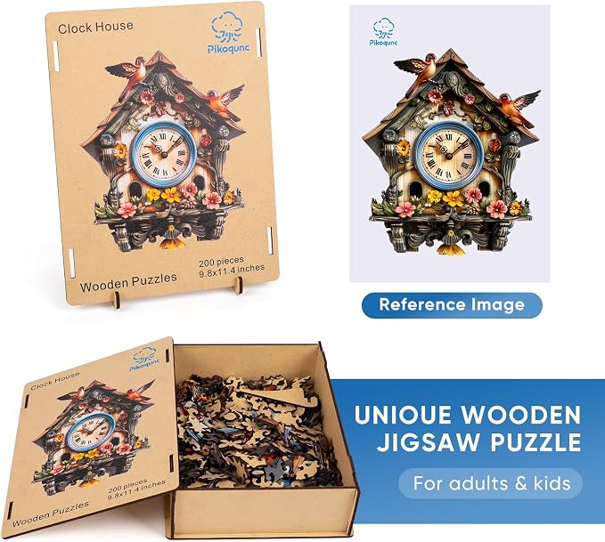 Pikoqunc Wooden Puzzles for Adults, Clock House Wood Puzzles 200 Pieces | Unique Vintage Wood Puzzle, Home Décor, Gift for Her, 9.8’’ x 11.4’’, Family Game
