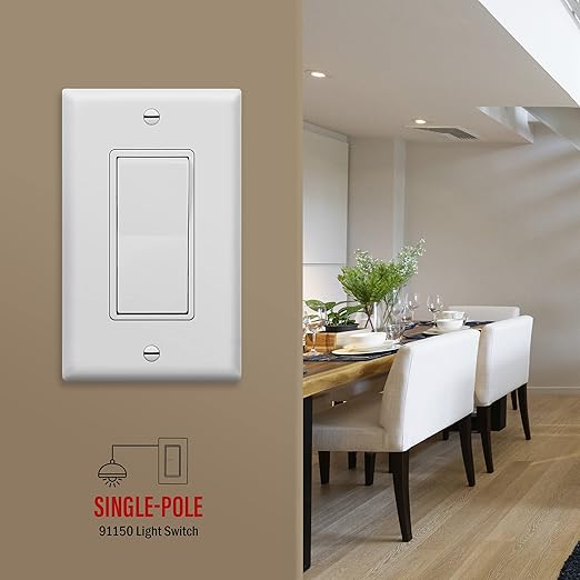 ENERLITES Decorator Paddle Rocker Light Switch, Gloss Finish, Single Pole, 3 Wire, Grounding Screw, Residential Grade, 15A 120V/277V, UL Listed, 91150-W, White