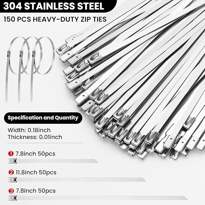 Stainless Steel Cable Tie Gun Set – Heavy Duty Metal Zip Tie Tool Kit with 150PCS Self-Locking Ties, Adjustable Fastening & Cutting Tool for Outdoor Fencing, Exhaust Pipes(Black)
