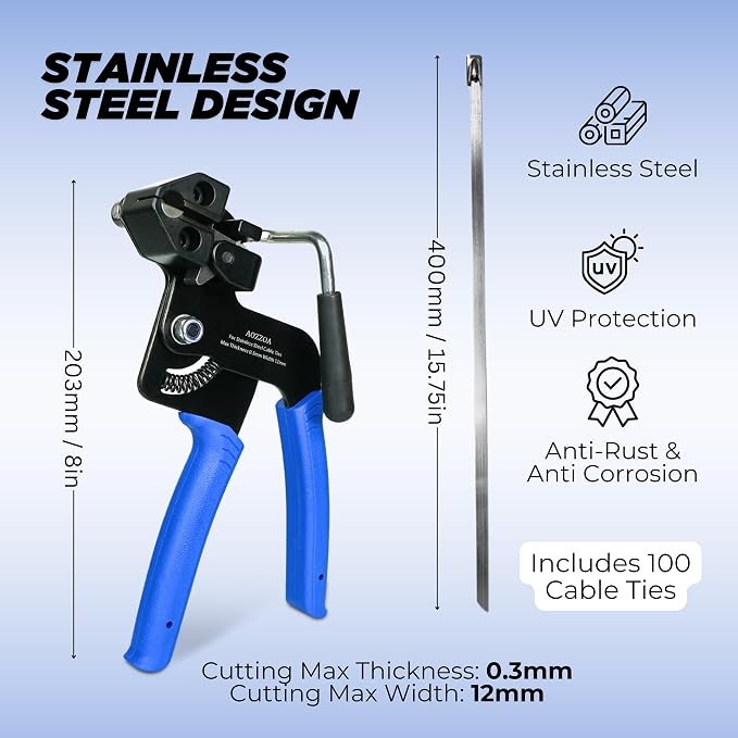 Stainless Steel Zip Tie & Gun - Outdoor Zip Ties Heavy Duty UV & Corrosion Resistant – 100 Count 15.75in Metal ZipTie - Zip Tie Gun & Steel Zip Ties for Fence, Tarps, Cables, & Exhaust Pipe