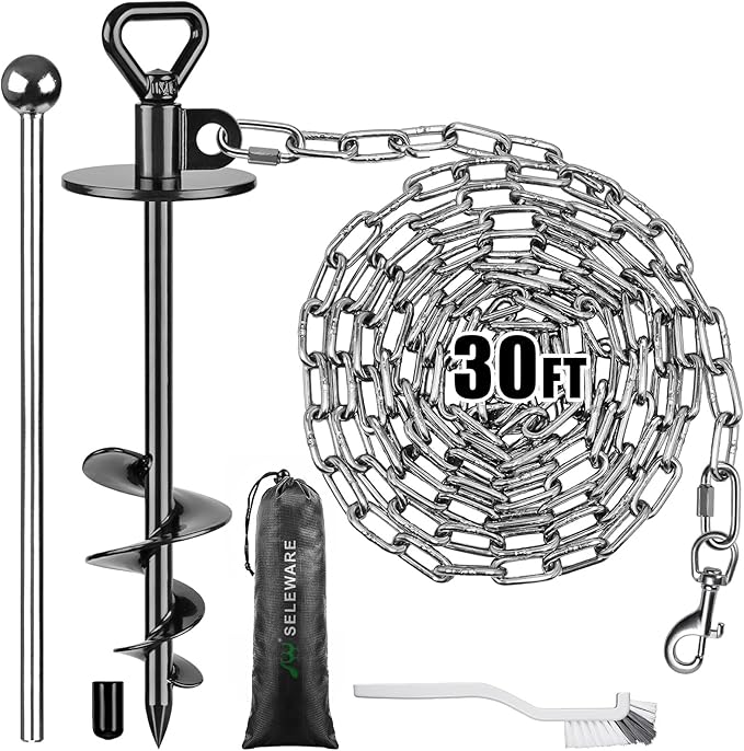 SELEWARE Dog Tie Out Stake, Dog Anchor with 30FT Stainless Steel Dog Chain | 15" Long Anti-Rust Heavy Duty Dog Stake for Large Dogs up to 100 lbs, Easy Install with Twist Rod for Yard, Camping Outside