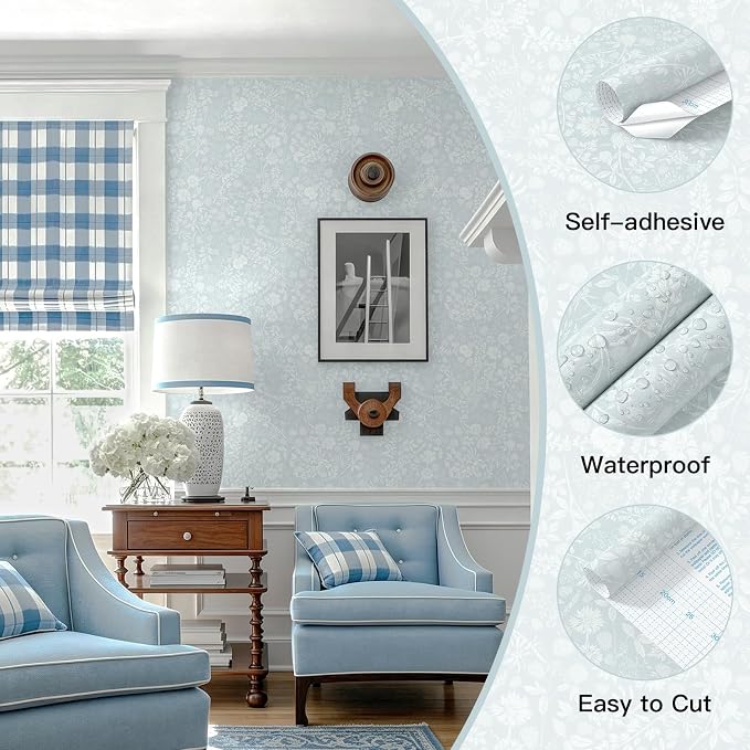 Guvana Blue and White Peel and Stick Wallpaper Floral Wallpaper Slef Adhesive Removable Waterproof Contact Paper Boho Wall Paper for Living Room Bedroom Bedroom Bathroom Kitchen 17.3“×197”
