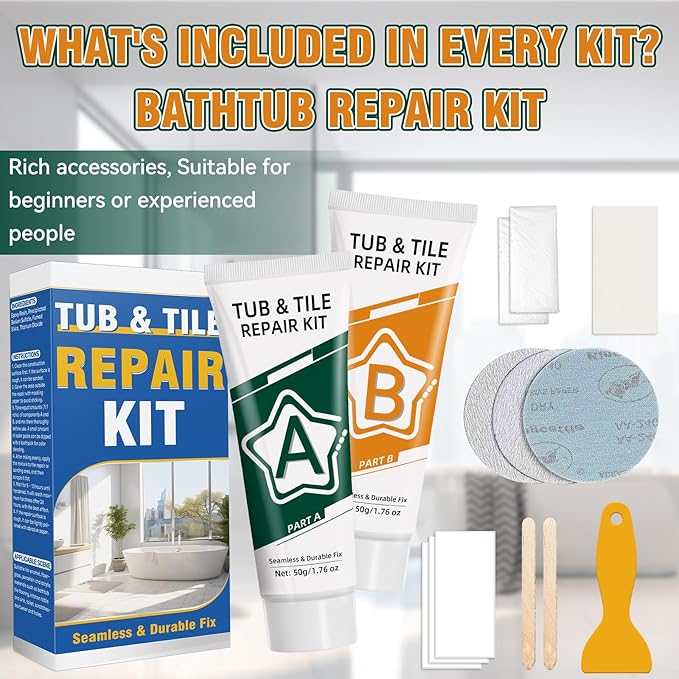Porcelain Repair Kit White, Waterproof Bathtub & Tile Repair Kit for Tub, Enamel, Fiberglass, Acrylic, Porcelain, Ceramic, Marble, Granite, Resin, Quartz, Chips, Dents, Cracks, Patch, Hole (50g+50g)