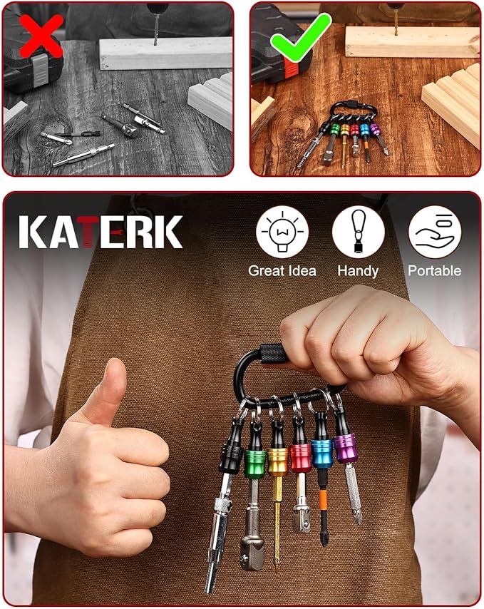 katerk 6pcs Bit Holder with Carabiner Socket for Mens Gift, 1/4 inch Hex Shank Aluminum Alloy Screwdriver Bit Holders, Quick Release Easy Change Impact Driver Drill Bit Keychain Extension (Classic)