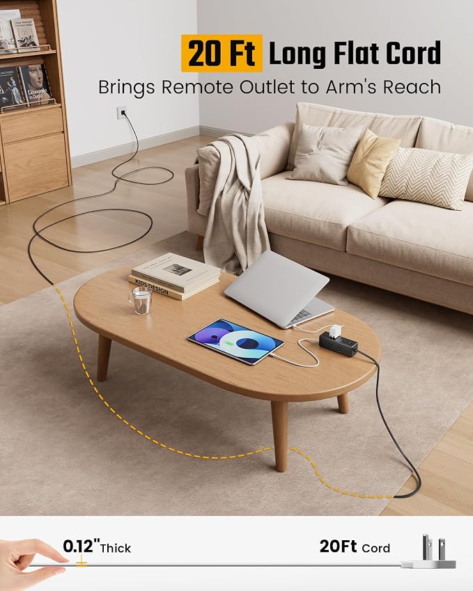 20 Ft Extension Cord with Multiple Outlets, Long Extension with 6 Outlets 4 USB Ports(2 USB C), Flat Plug Surge Protector Power Strip for Home, Office Supplies, Dorm Essentials, Black