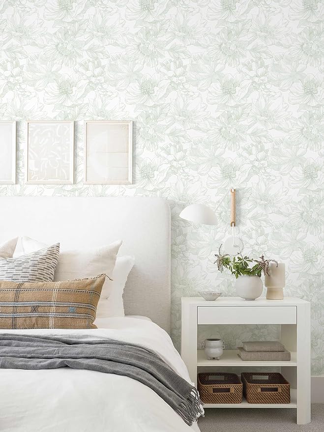 393"x17.3" Peel and Stick Wallpaper Green Floral Wallpaper White Boho Modern Contact Paper Removable Self Adhesive Flower Wall Paper for Kitchen Bathroom Bedroom Cabinets Thicken Vinyl Roll