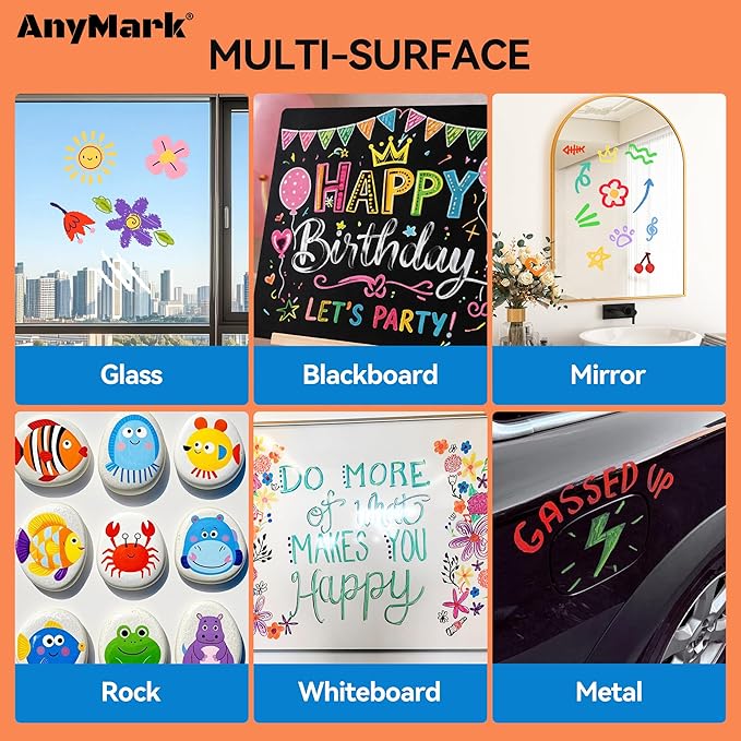AnyMark 8 Colors Window Chalk Markers, 15mm 3-In-1 Jumbo Wide Nib Chalk Marker, Dust-Free & Non-Toxic, Erasable Chalk Markers for Blackboards, Rock Painting, Poster, Stone, Ceramic, Glass