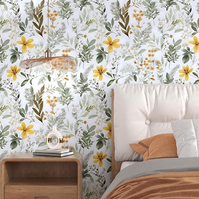 Green Leaf Wallpaper Peel and Stick, Vintage Yellow Floral Contact Paper 17.5" x 197", Botanical Wall Paper Self Adhesive Removable Waterproof for Bathroom Bedroom Shelves Cabinet Drawer Table Decor