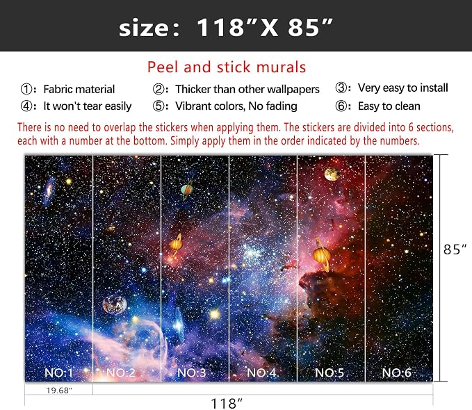 YIHWM-Peel and Stick Galaxy Wallpaper Universe Planet Starry Sky wall Mural | Tear-resistant,with a substantial feel;Will not be damaged during repositioning.Boy's Room,kids room wallpaper.M-118"x85"