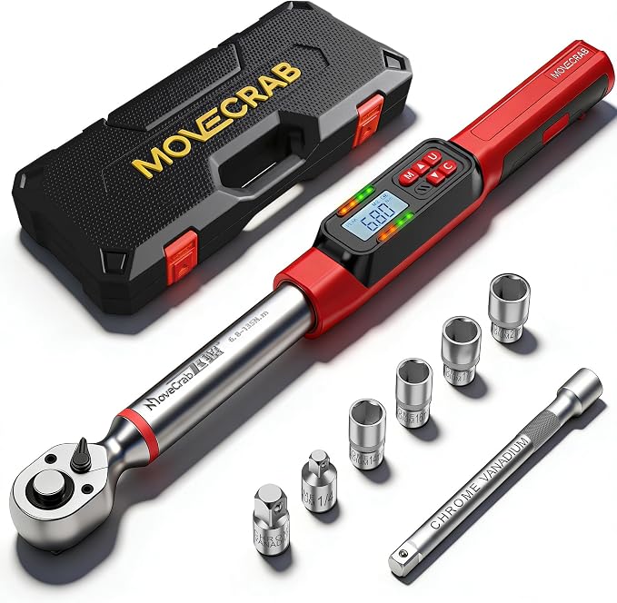 3/8" Digital Torque Wrench Set, 5-99.6 Ft.lb, ±2% Accuracy, 8pcs | Electronic Torque Wrench with LED & Buzzer Alerts, 4 Sockets, Extension Bar & Adapters for Automotive, Motorcycle, Bicycle