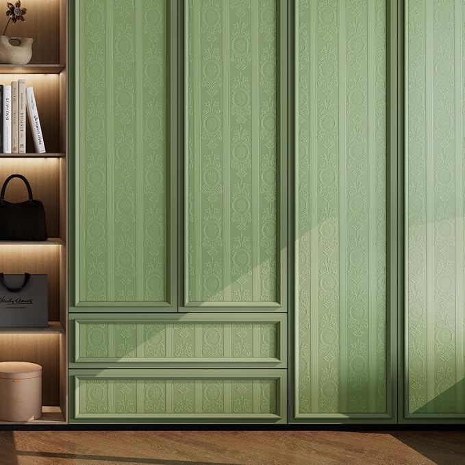Green 3D Embossed Textured Peel Stick Wallpaper 17.3"x800" | Removable Renter Friendly Contact Paper, Waterproof Self Adhesive Wallpaper for Bedroom, Bathroom, Decor,96 sq.