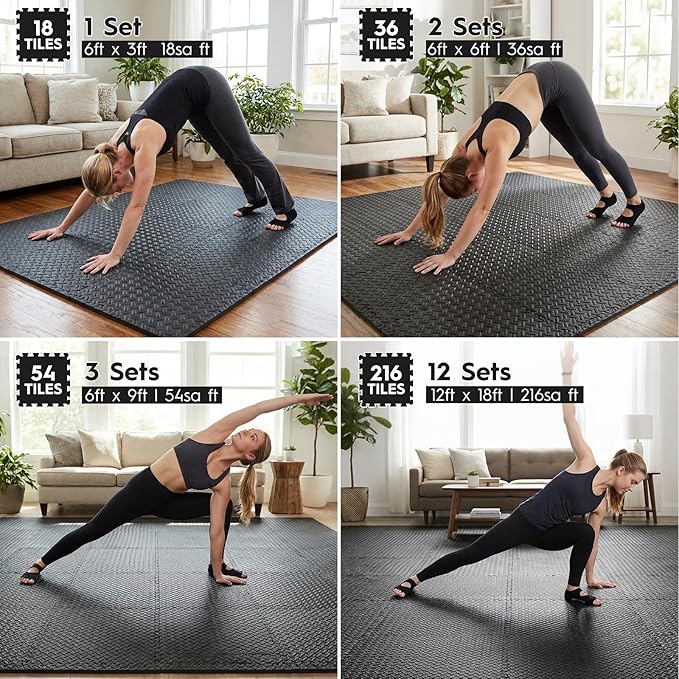 18 Tiles Puzzle Exercise Mat, EVA Interlocking Foam Floor Tiles, Non-Slip, Protective, Water-Resistant Flooring for Home Gym & Workout Equipment, 12.6" x 12.6" x 0.4", 18 Sq Ft