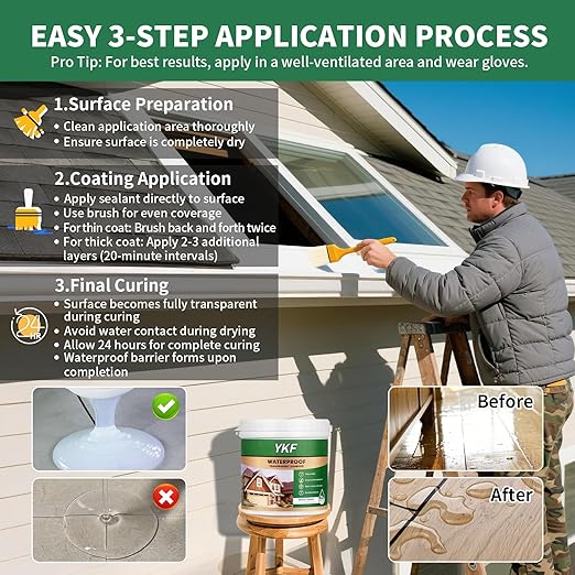 YKF Transparent Waterproof Sealant 12 Oz, Clear Water-Based Leak Repair Coating for Roof, Wall, Bathroom, Shower, Kitchen, Concrete, Wood, Metal, Indoor & Outdoor