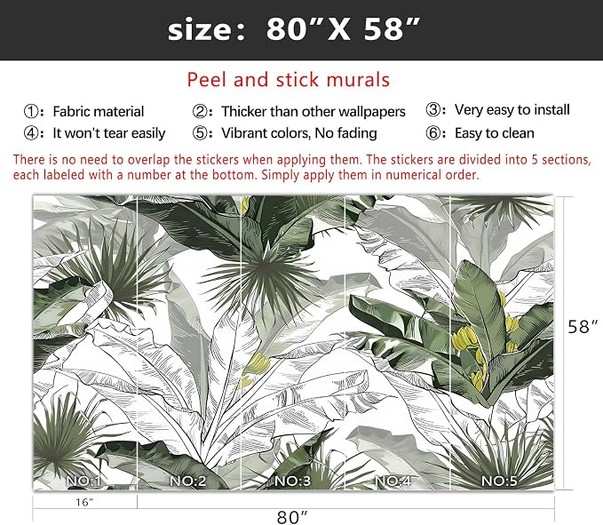 YIHWM-Peel and Stick Tropical Leaf Wallpaper Botanical Banana Leaf Mural | Tear-resistant,with a substantial feel;Will not be damaged during repositioning.Bathroom,Bedroom wallpaper.S-80"x58"